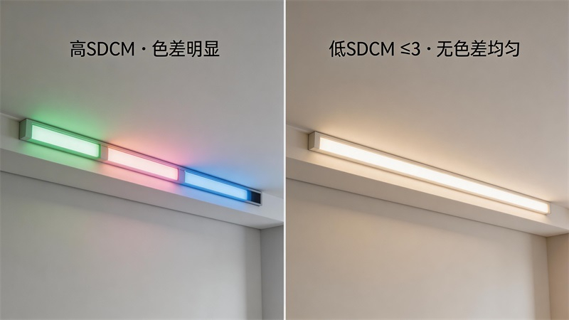 對比畫面，左右分屏結構，左側為高SDCM燈帶照明效果，LED燈帶出現明顯色差，不....JPG