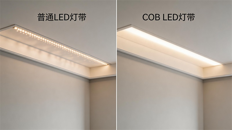 jimeng-2026-04-07-9345-LED燈帶發(fā)光效果對(duì)比圖，一張圖氛圍均勻地兩部分，一側(cè)為普通燈帶出現(xiàn)明顯光點(diǎn)顆粒....JPG