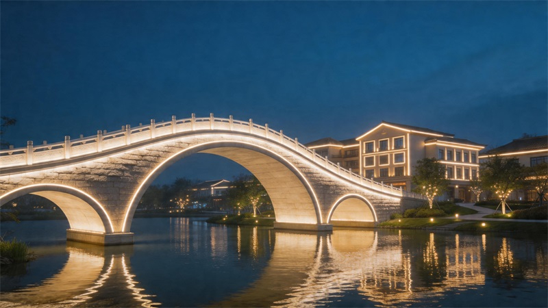 jimeng-2026-04-17-5049-大型文旅景區夜景亮化，橋梁或建筑外立面安裝高功率線性燈帶，燈光明亮均勻，環境包含....JPG
